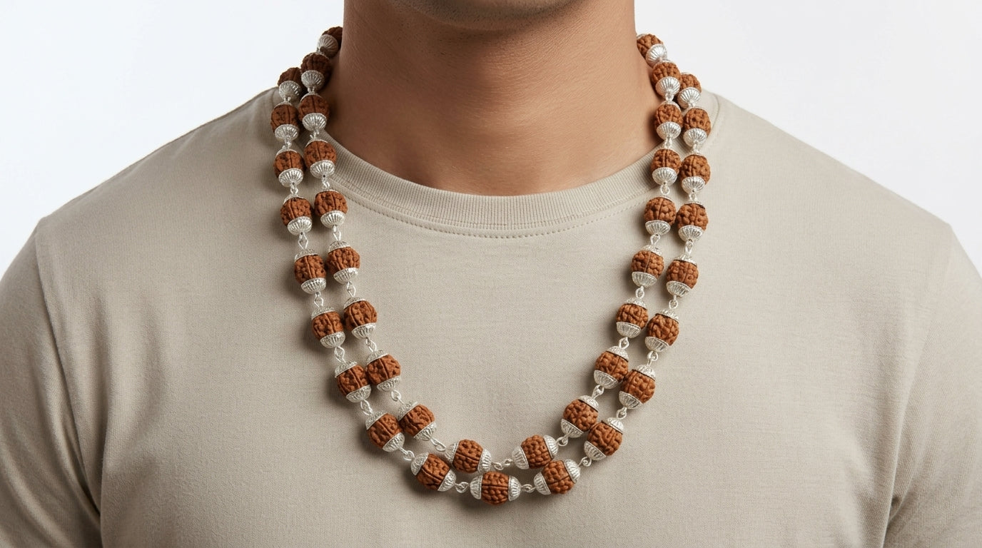 5 Mukhi Rudraksha Mala - White Metal Plated