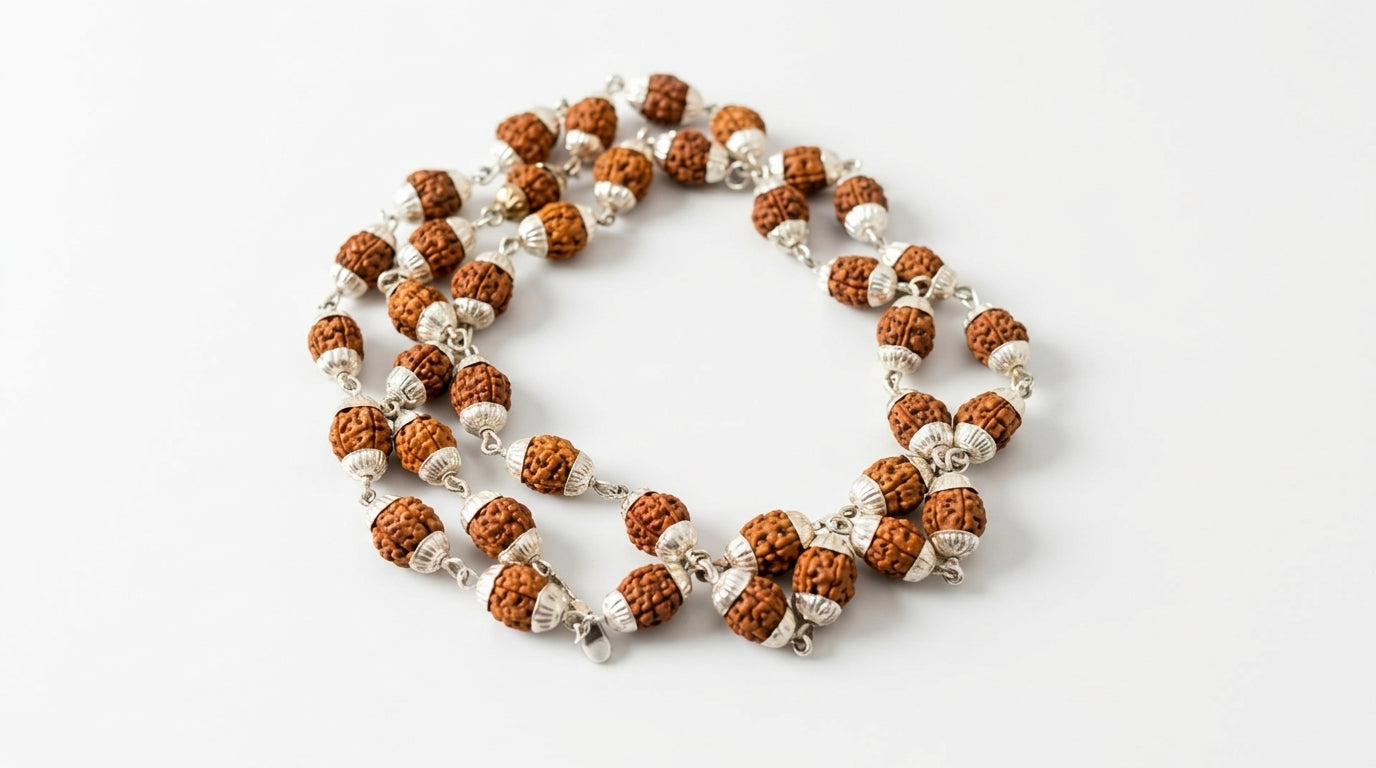 5 Mukhi Rudraksha Mala - White Metal Plated