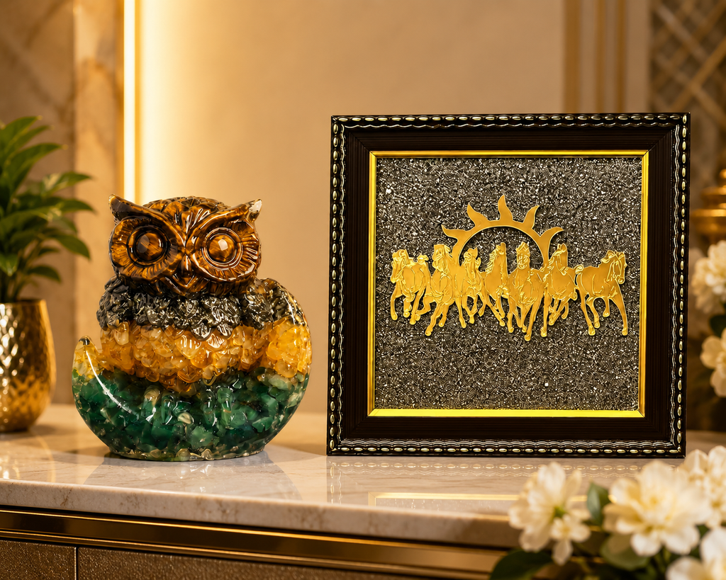 Money Magnet Owl & Seven Horses Pyrite Frame Combo