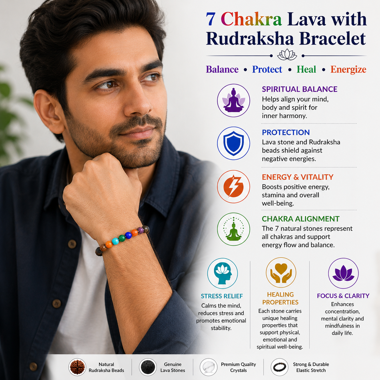 7 Chakra Lava Bracelet with Free Selenite Plate